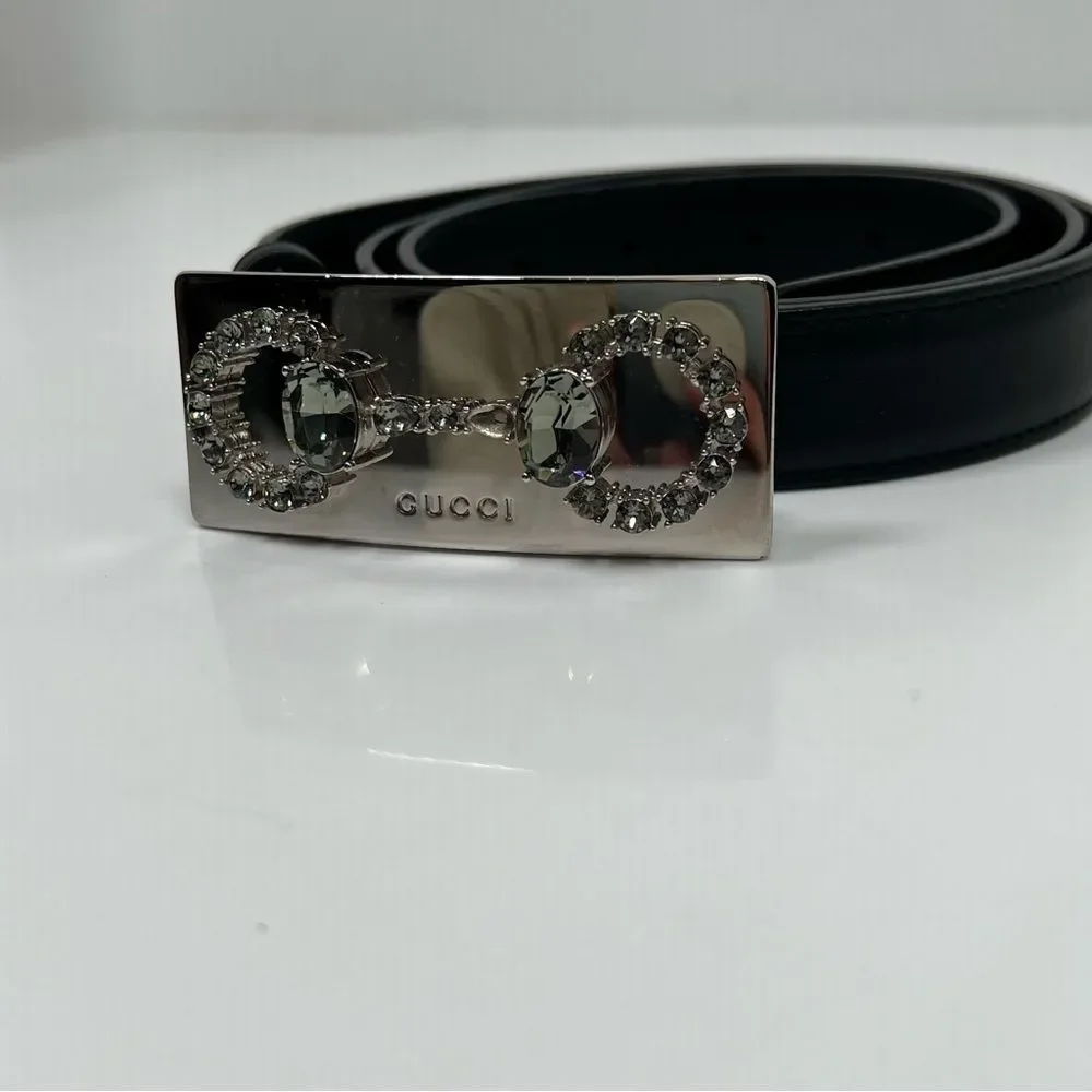 Gucci Black Leather Crystal Horsebit Plate Belt 95-38